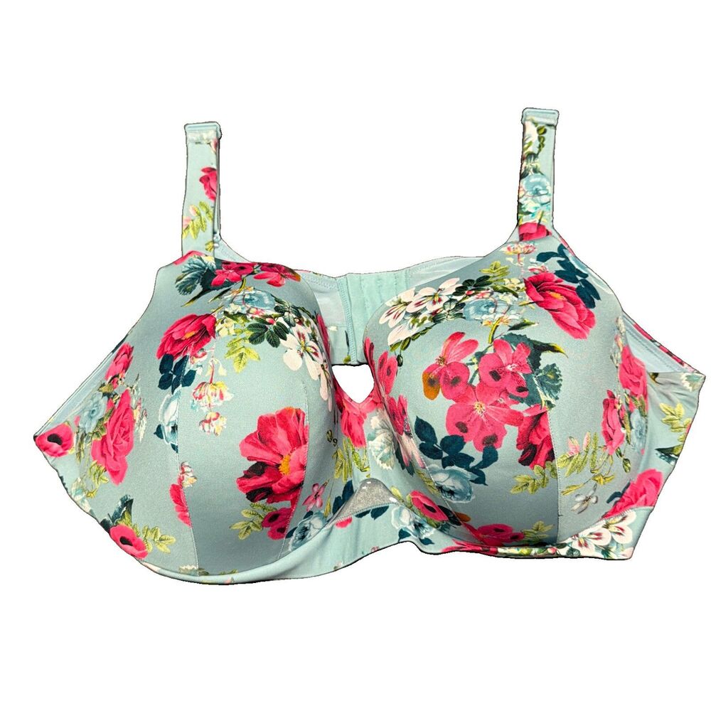 Cacique Boost Plunge Bra Size 46D Blue Floral Underwire - Excellent Condition!